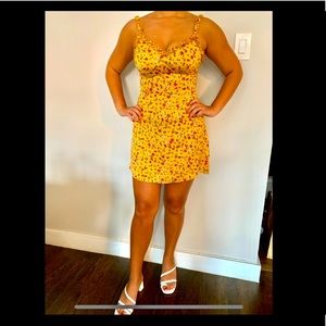 Yellow floral mini sundress, ruffle straps|size s